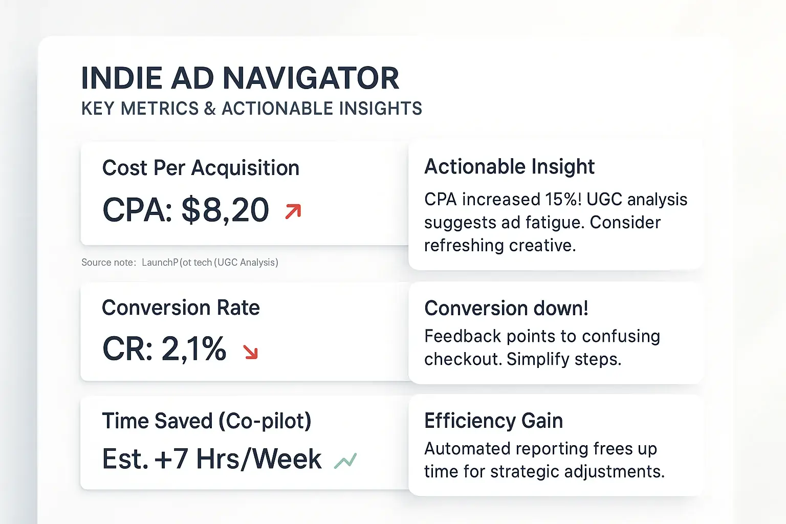 Simplified dashboard: indie ad metrics (CPA, Conversion, Time Saved) with actionable insights, not just raw data, for