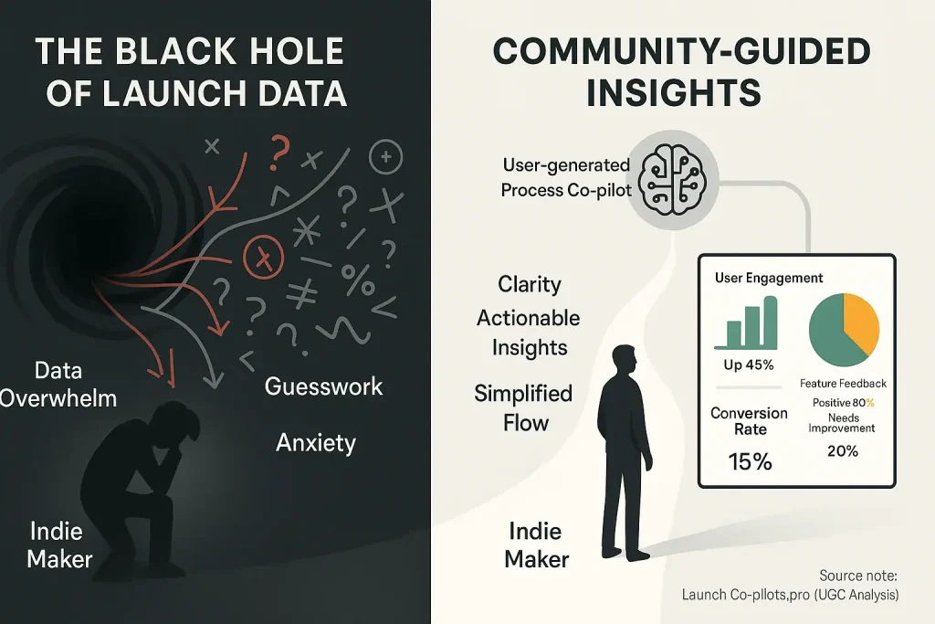 Launch data flow: 'black hole' confusion vs. user analysis clarity for indie makers.