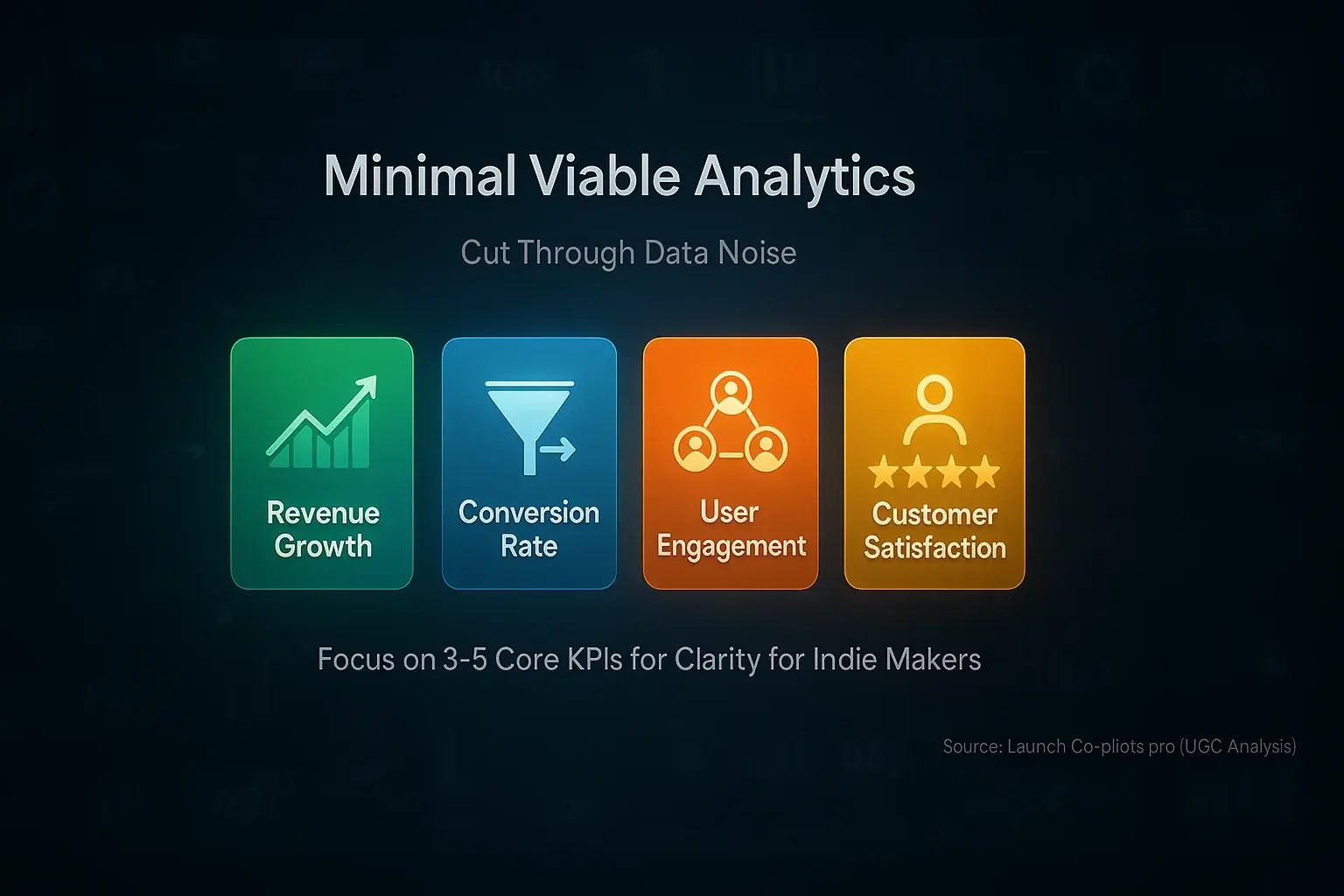 Infographic: Minimal viable analytics. Illustrates how focusing on 3-5 core KPIs leads to clarity for indie maker KPI