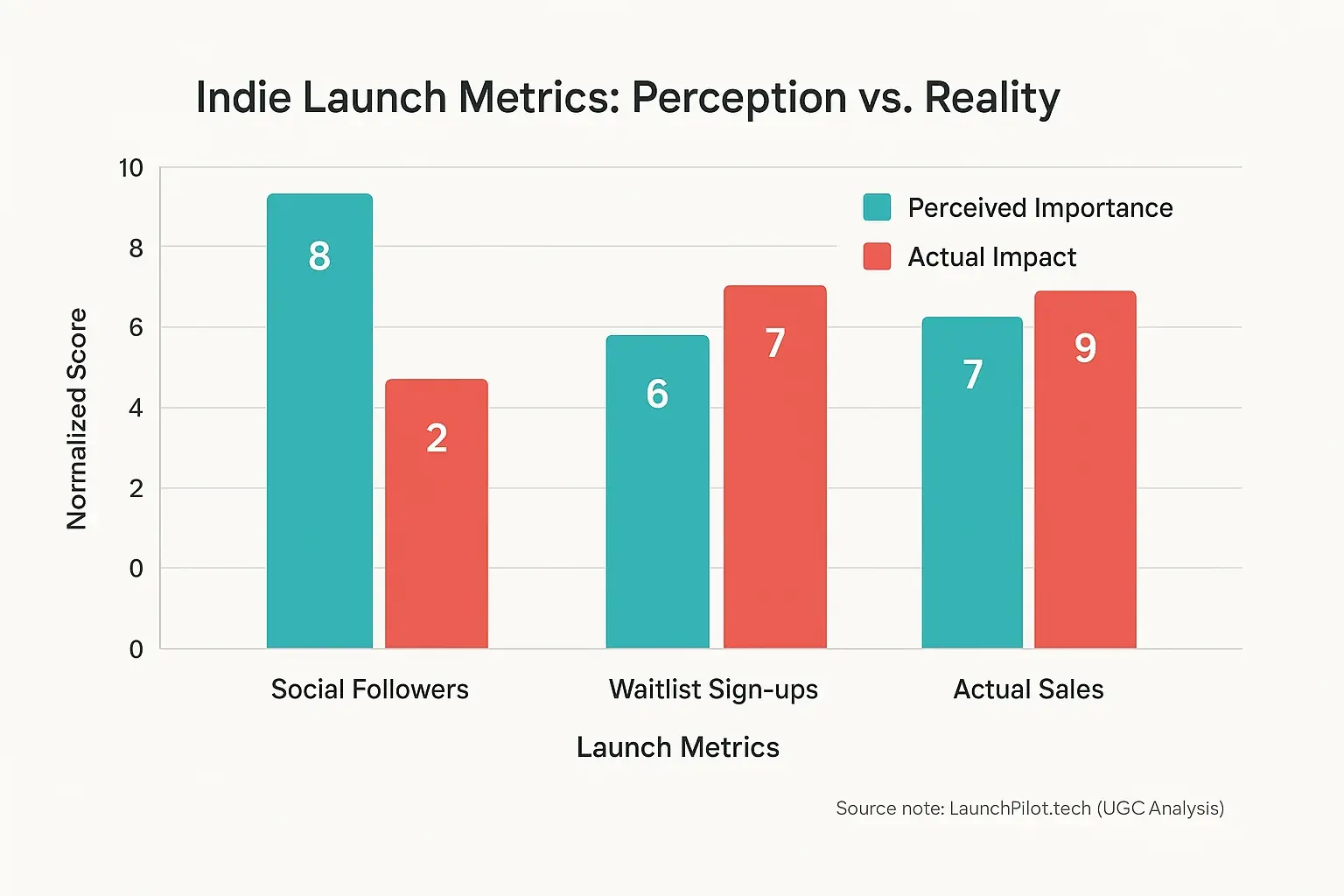 Bar chart contrasting perceived importance vs. actual impact: Conversions show high impact, followers less than perceived.