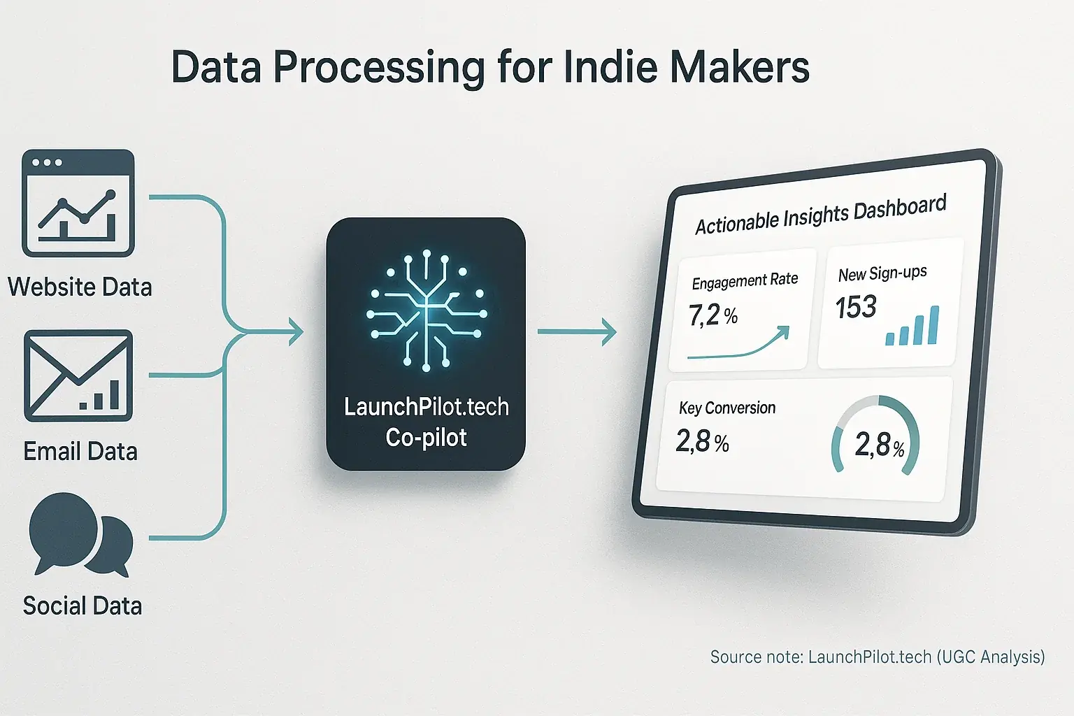 Flow diagram: Data (web, email, social) feeds co-pilot, generating a clean, actionable dashboard for indie makers.