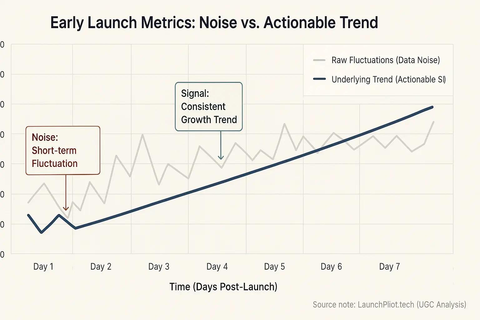 Line graph contrasting jagged data noise with a smoother actionable trend in early launch metrics.