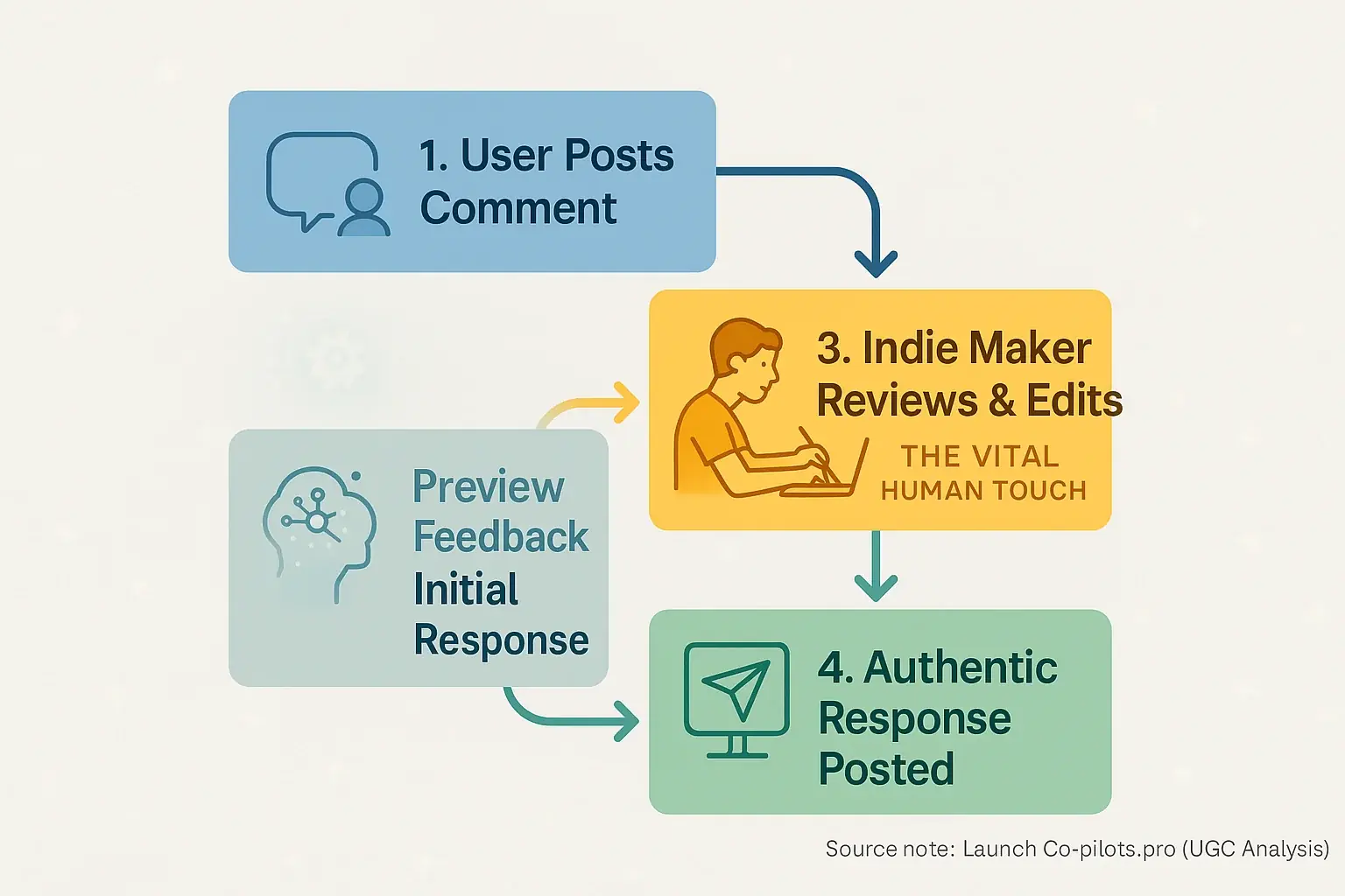 Flowchart: User comment > draft > highlighted human review by indie maker > response. Key to human engagement.