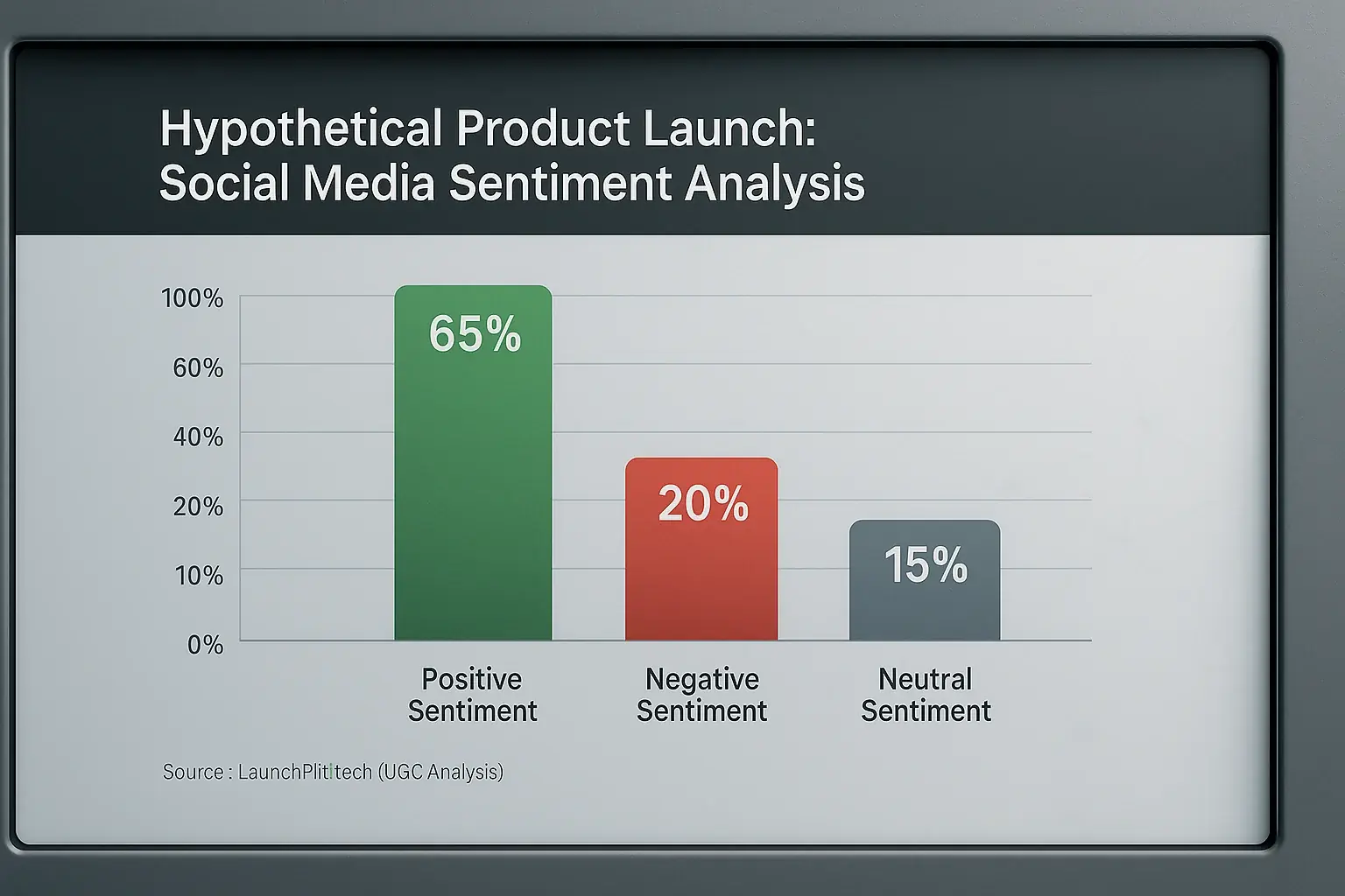 Bar chart: Product launch sentiment distribution (positive, negative, neutral percentages) via social media analysis.