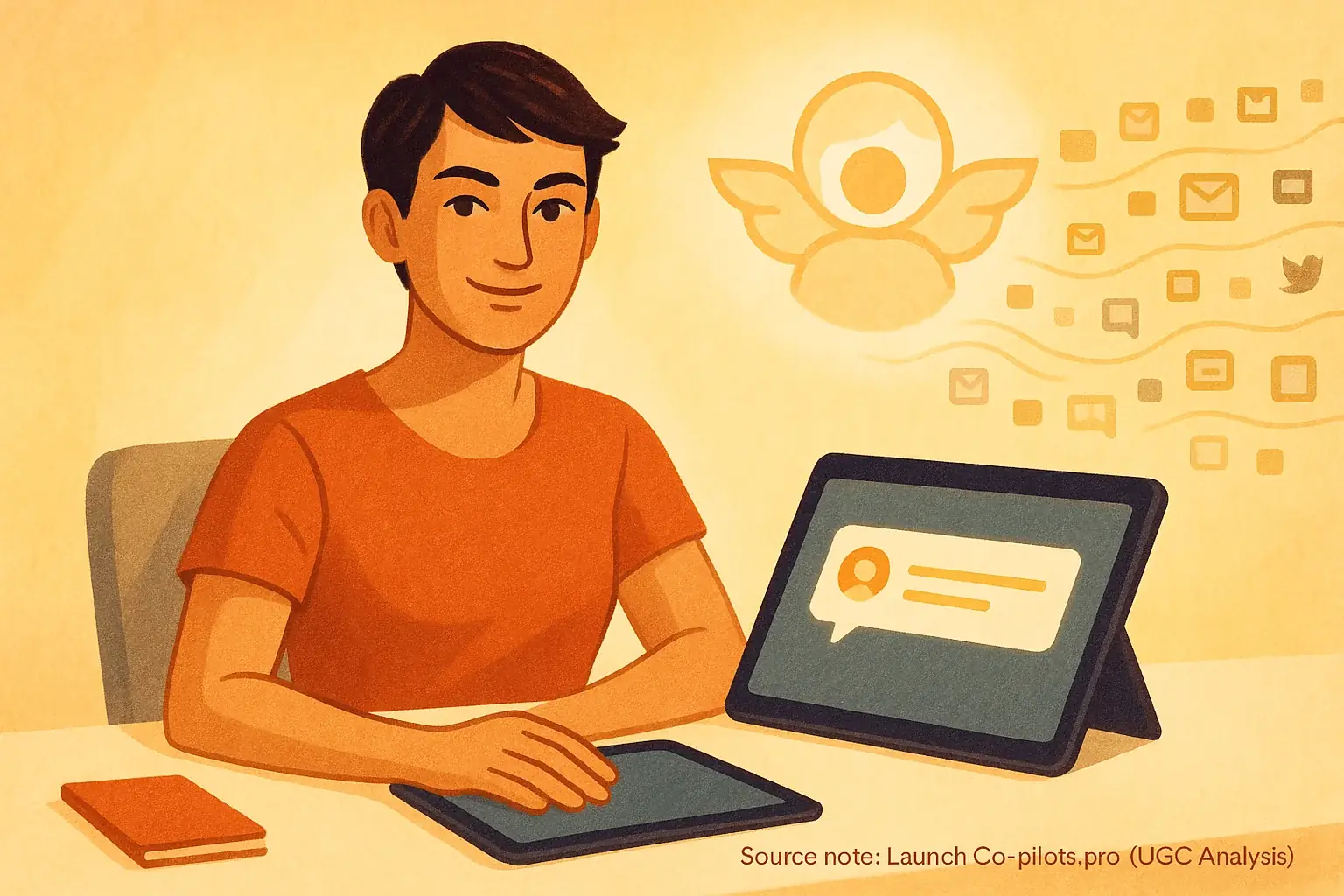 Calm, confident indie maker, empowered by subtle co-pilot icon for heroic launch week community management.