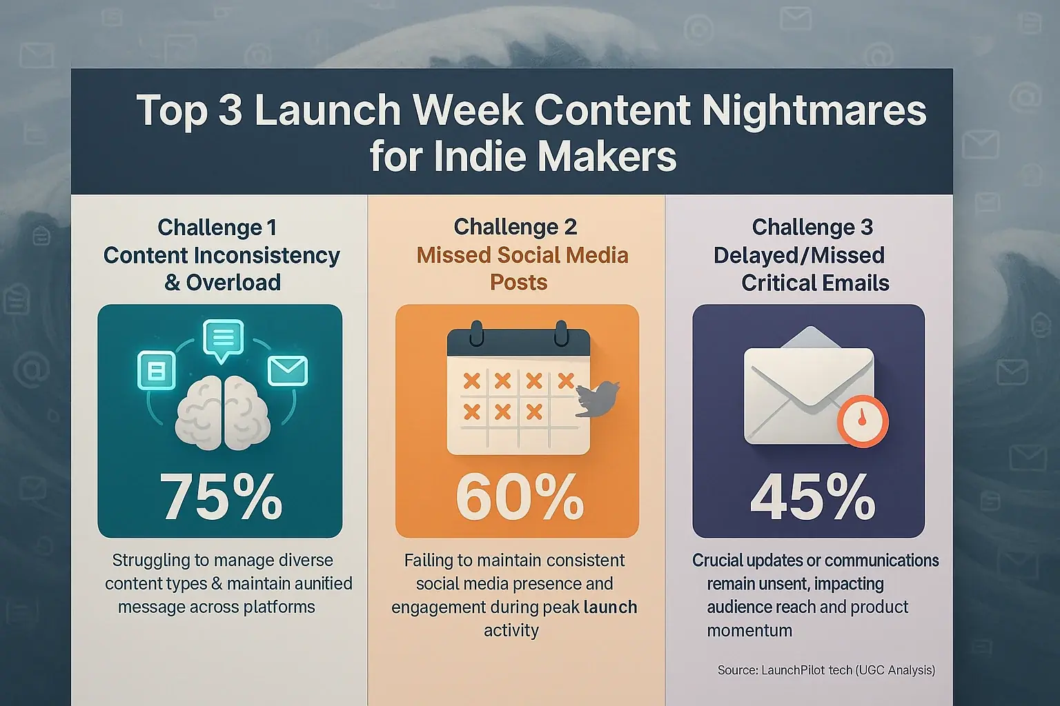 Infographic: User-reported top 3 content struggles for indie makers in launch week, proving co-pilot's vital role.