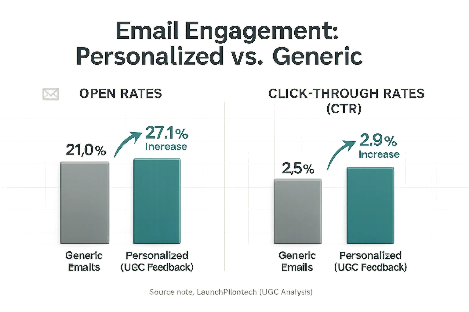 Bar chart: Personalized emails significantly boost launch week open & click rates vs. generic emails.