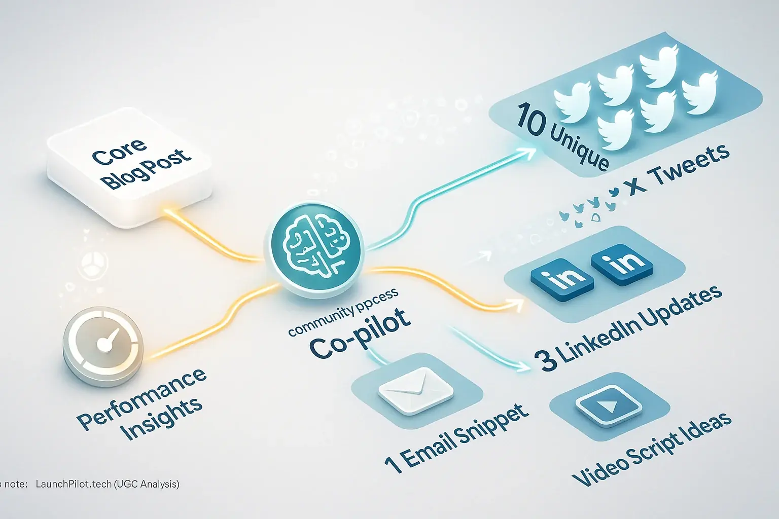 Content repurposing process: main blog branches to social & email, informed by our user discussion analysis.