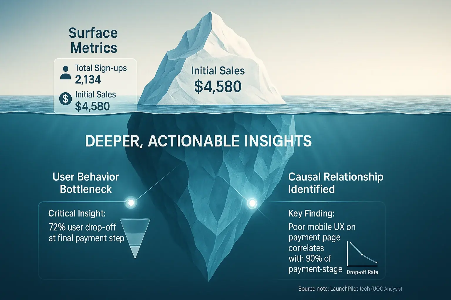 Infographic: Shallow metrics (sign-ups) above, deep actionable insights (retention) below, vital for launch data analysis.