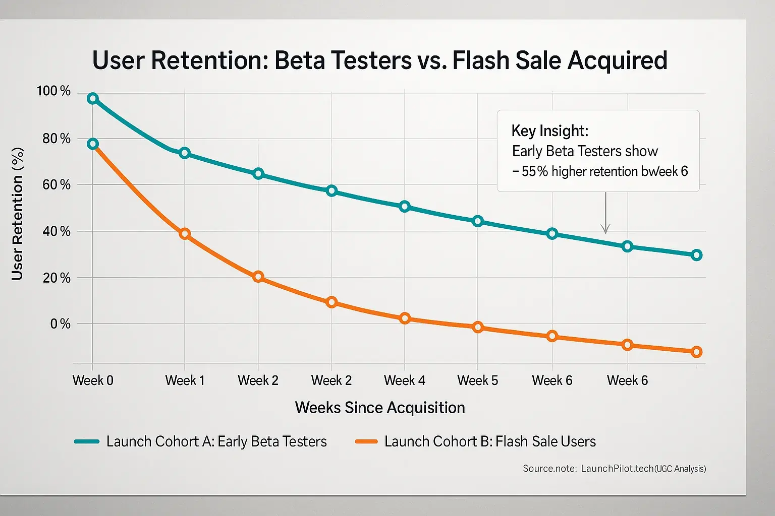 Cohort analysis chart: Retention rates for Cohorts A & B diverge weekly, showing a key behavior difference.