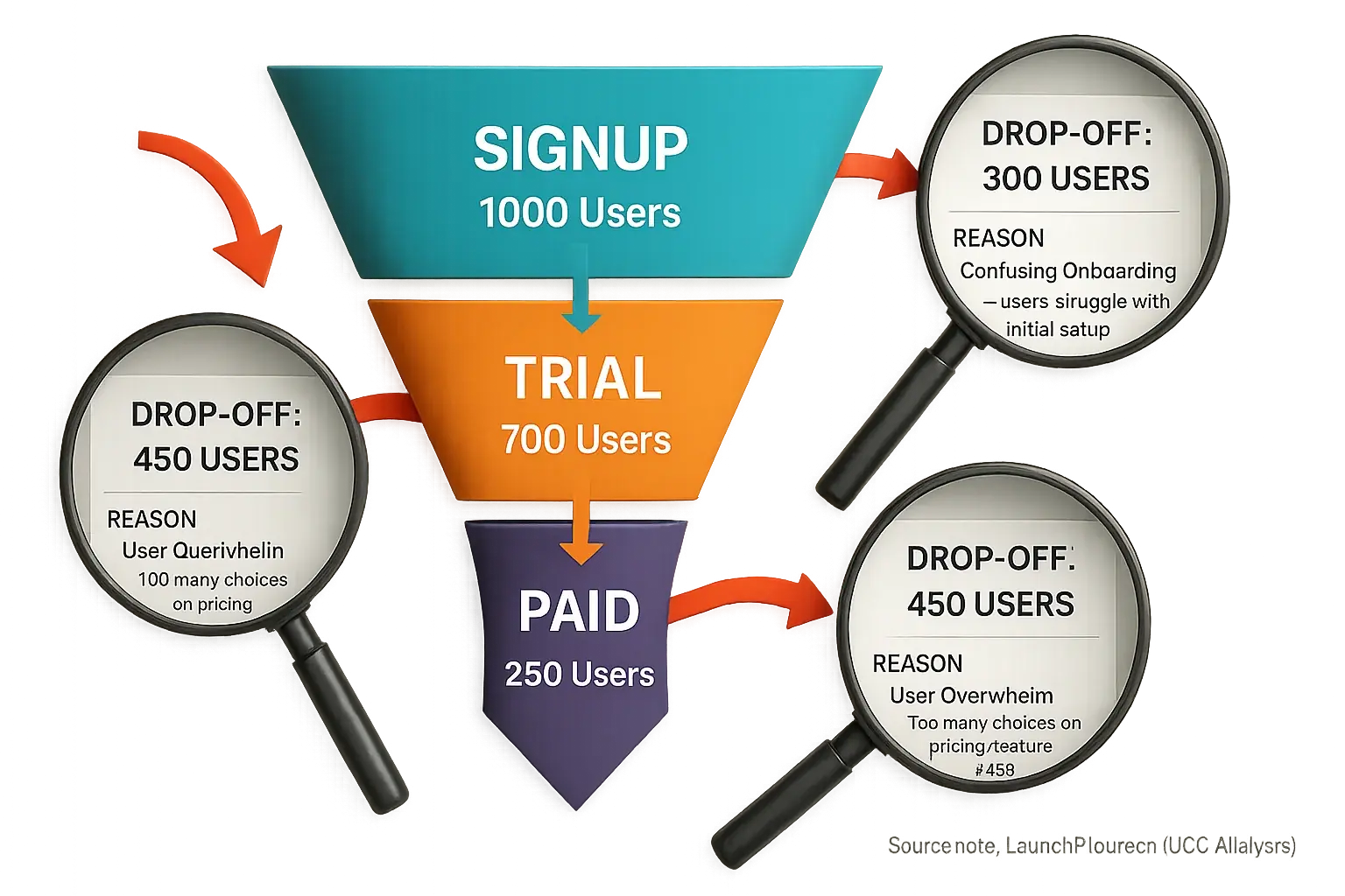 Conversion funnel infographic: Magnifying glasses pinpoint drop-offs (e.g. signup to trial) & reveal user behavior reasons.