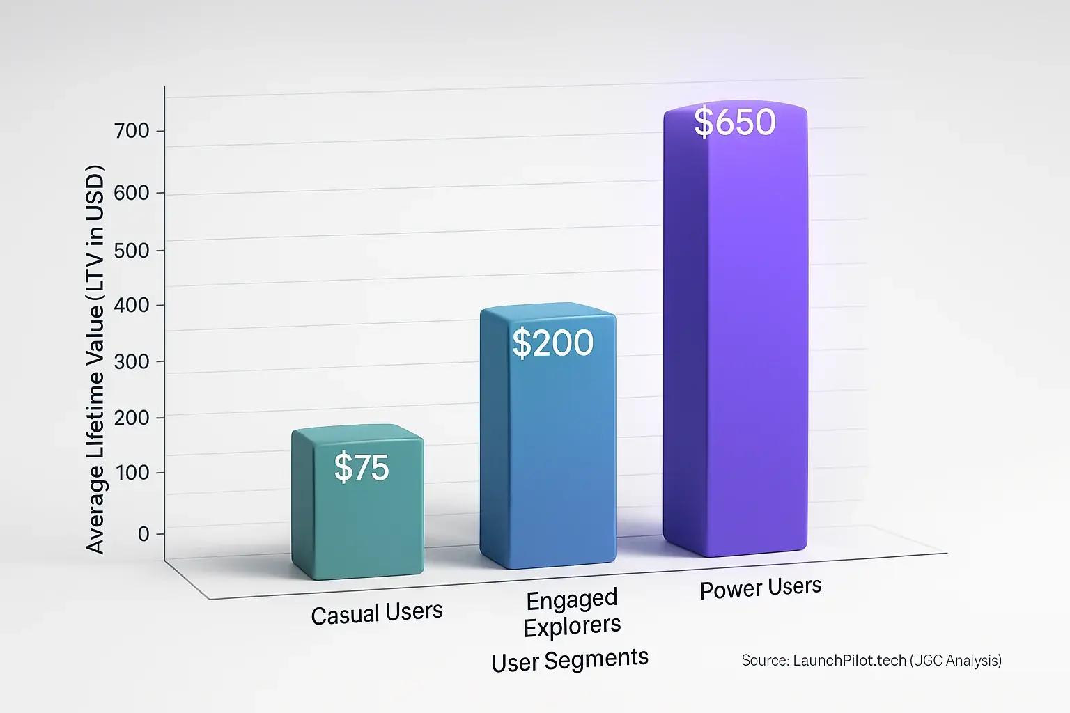 Bar chart: 'Power Users' segment leads in LTV, pinpointing your most loyal customers.