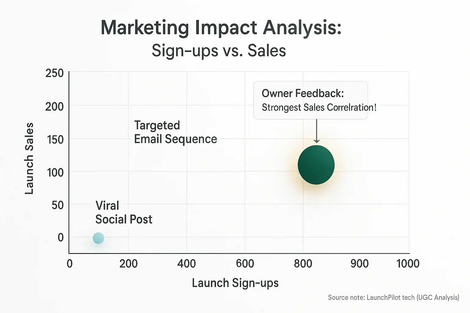 Scatter plot: Marketing activities vs. launch outcomes. Callouts highlight strong correlations, demonstrating campaign