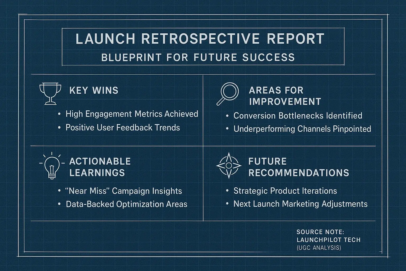 Blueprint infographic: Key launch retrospective report sections (Wins, Improvements, Learnings, Recommendations).