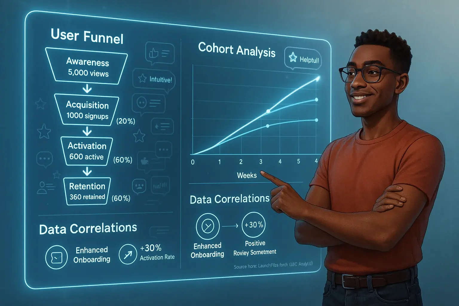 Confident indie maker views actionable dashboard with owner reviews, turning launch data into a growth engine.
