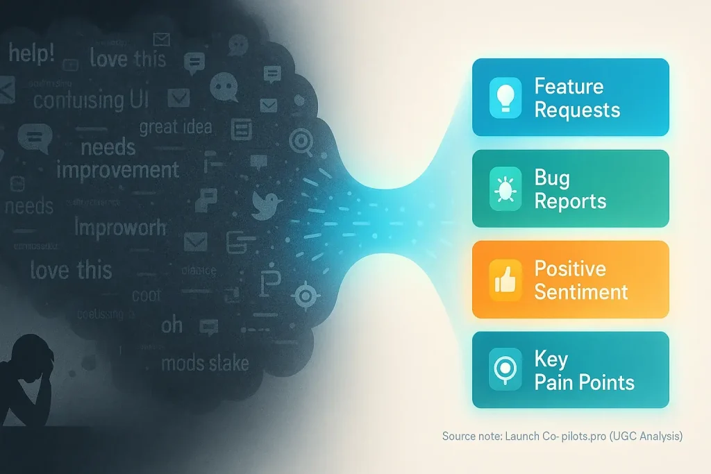 Chaotic cloud of overwhelming user feedback transforms into structured, actionable insights, revealing its true value.