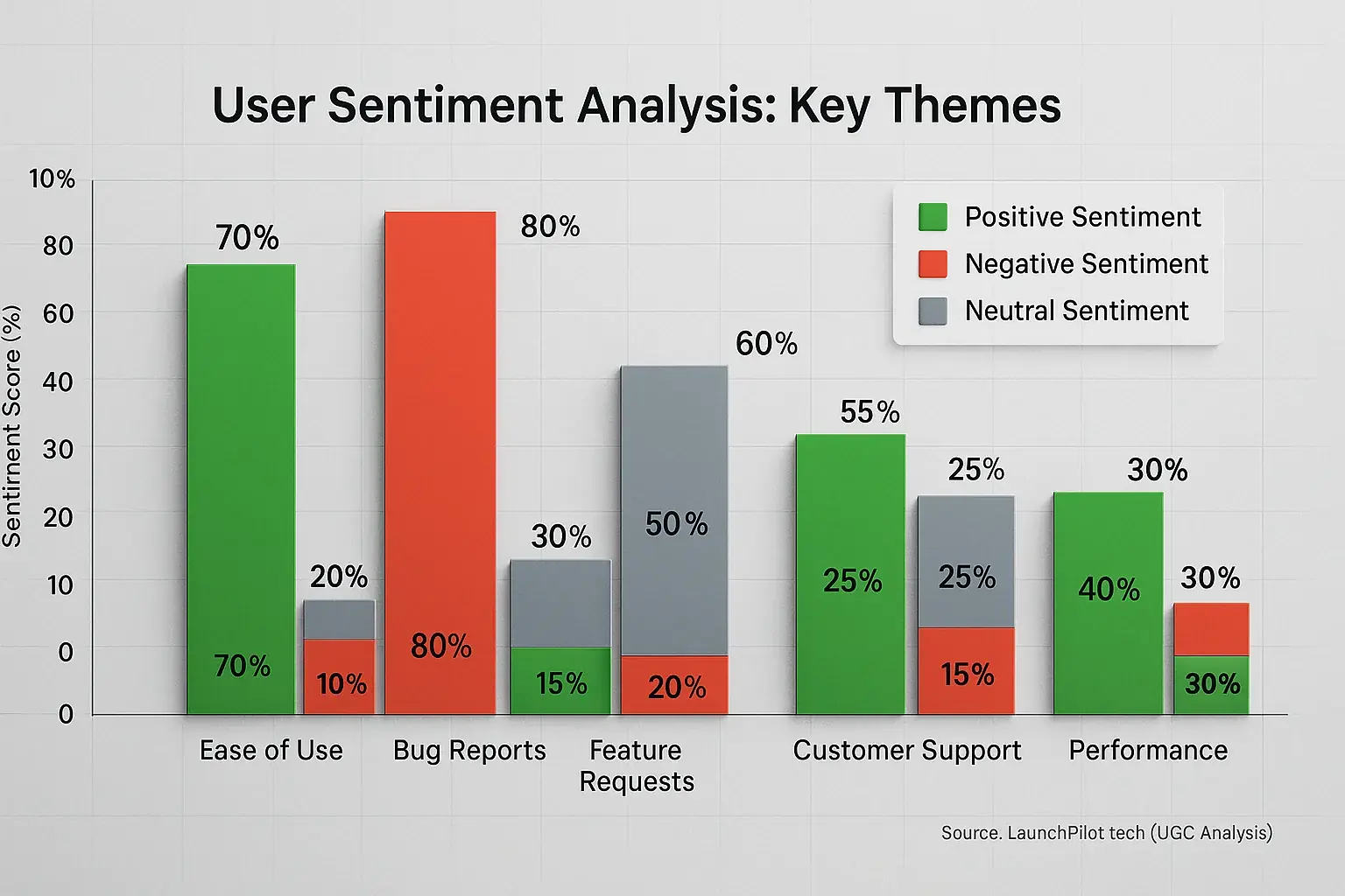 Bar chart analyzing user feedback sentiment (pos/neg/neu) across themes like &#x27;Ease of Use&#x27;, uncovering deeper insights.