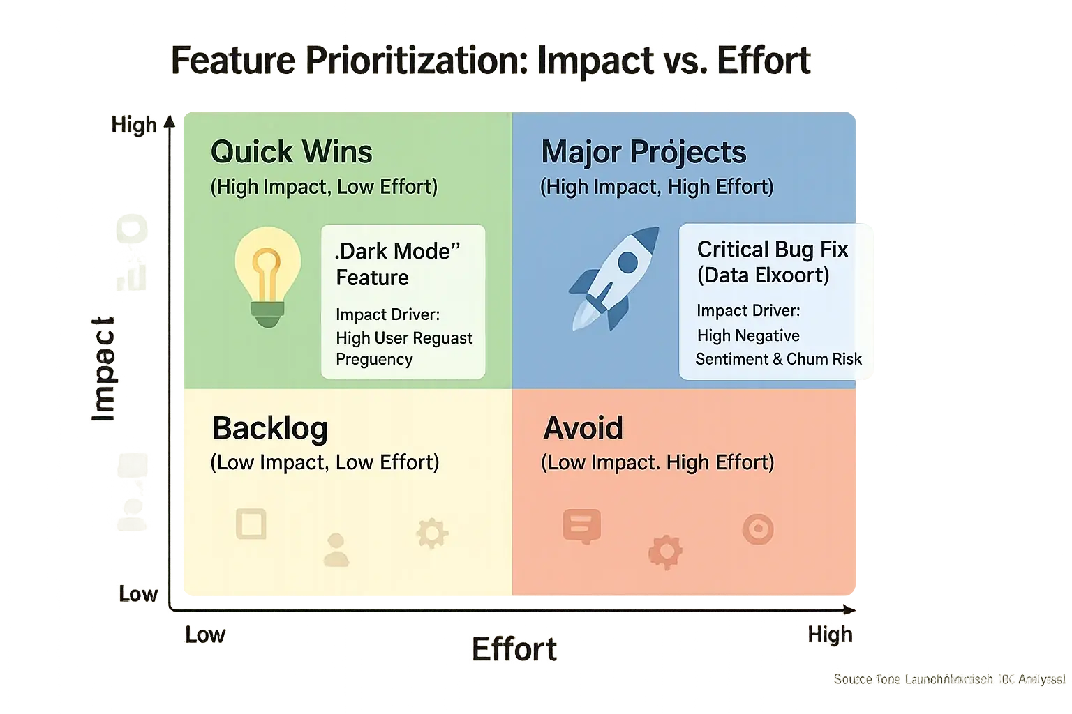 Impact vs. Effort matrix plotting features by consensus impact and effort into four quadrants: Quick Wins to Avoid.