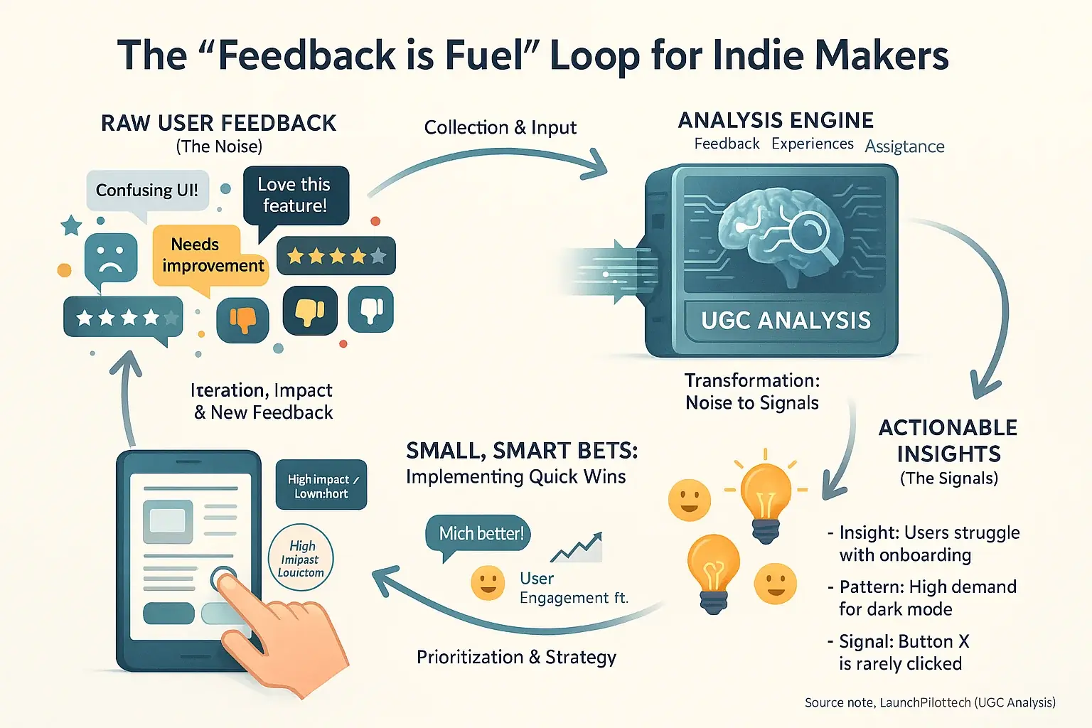 Infographic: &#x27;Feedback is Fuel&#x27; loop. Analytical process converts user feedback to insights, driving iterative development.
