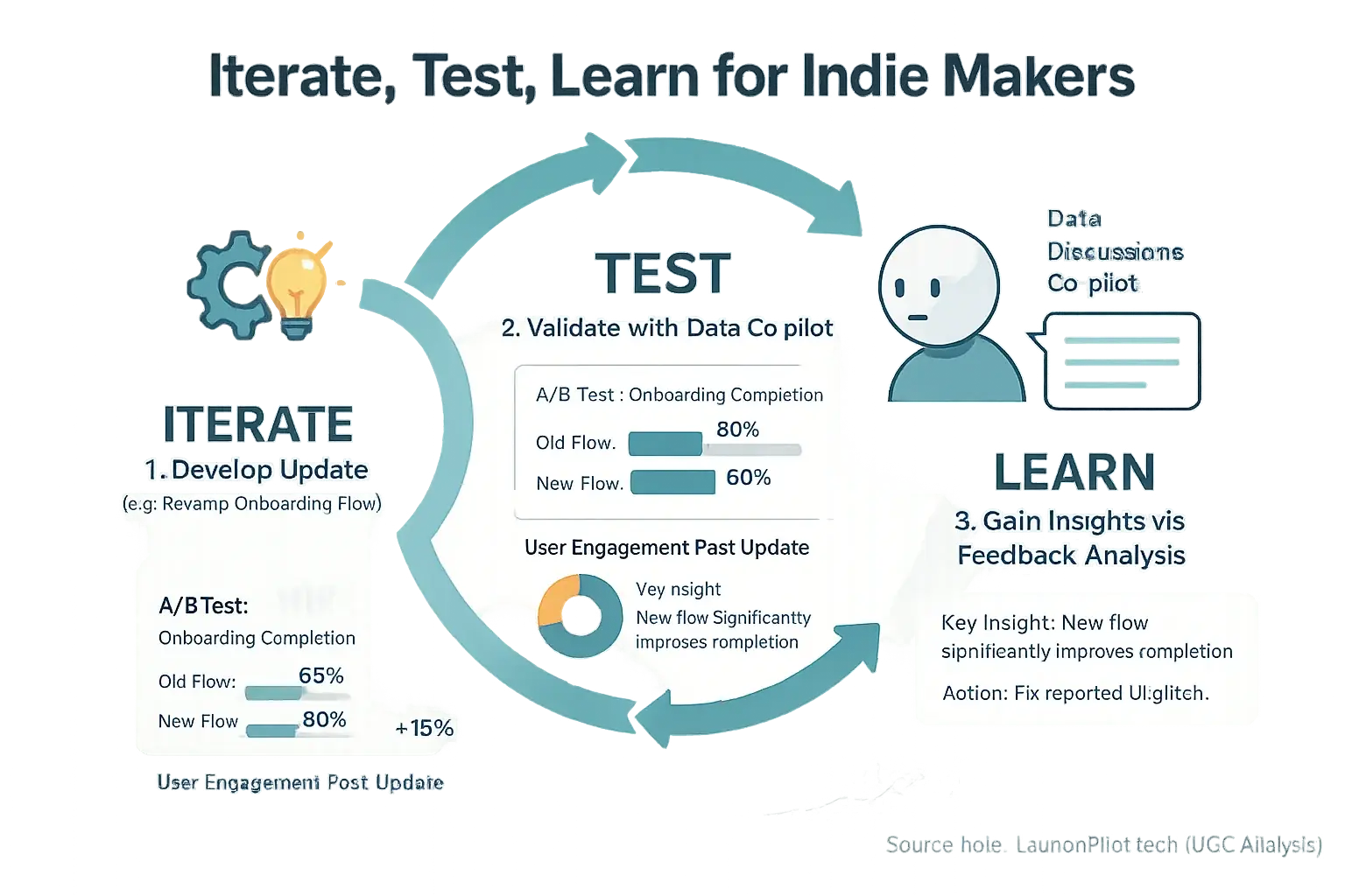 Iterate, Test, Learn loop infographic. Our process assistance: owner reviews Co-pilots validate updates &amp; guide next moves.