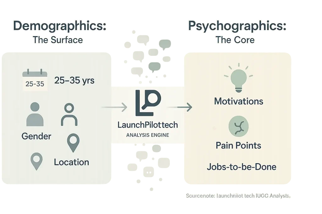 Demographics (age, gender) vs. psychographics (motivations); feedback discussions visually bridge this crucial insight gap.