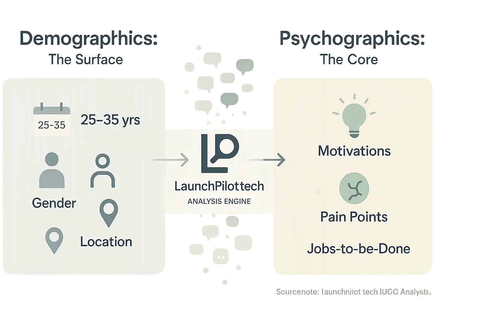 Demographics (age, gender) vs. psychographics (motivations); feedback discussions visually bridge this crucial insight gap.
