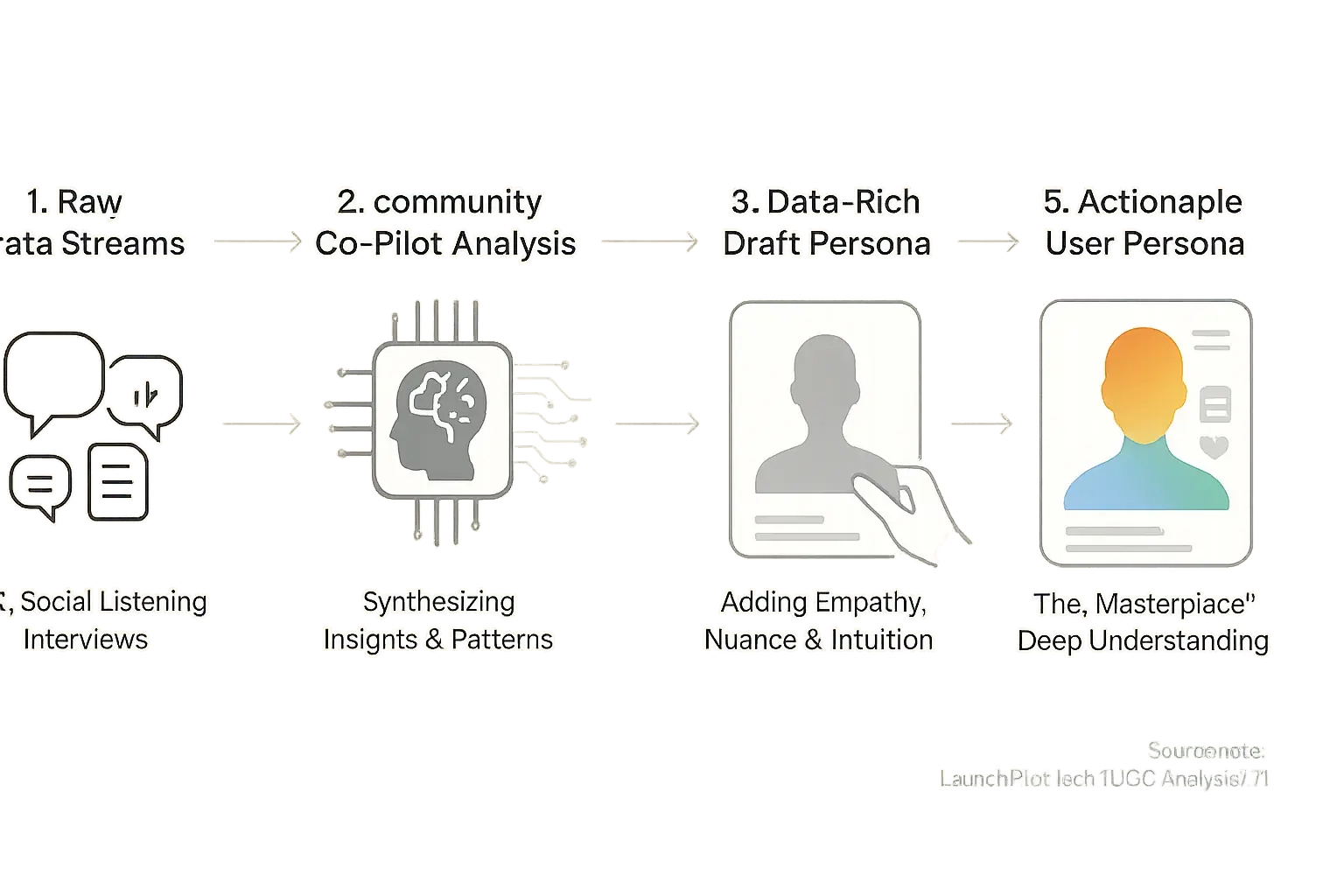 Flowchart: Raw data (UGC, social) forms a draft persona, which human feedback refines into an actionable user profile.