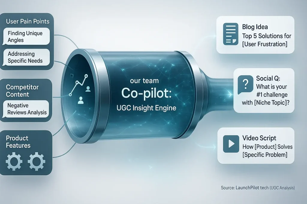 Infographic: Co-pilot funnel turns inputs (pain points, trends) into diverse, untapped content: blogs, social, video.