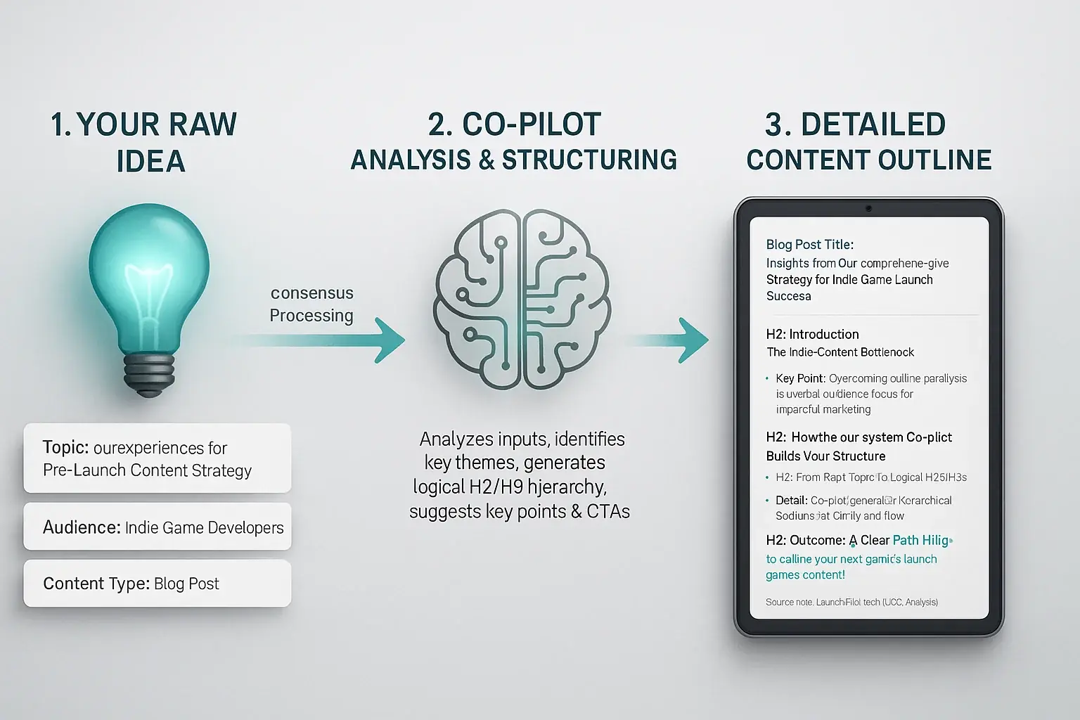 Infographic: Visual steps of data co-pilot&#x27;s progression from raw topic to detailed H2/H3 content outline, key points &amp; CTAs.