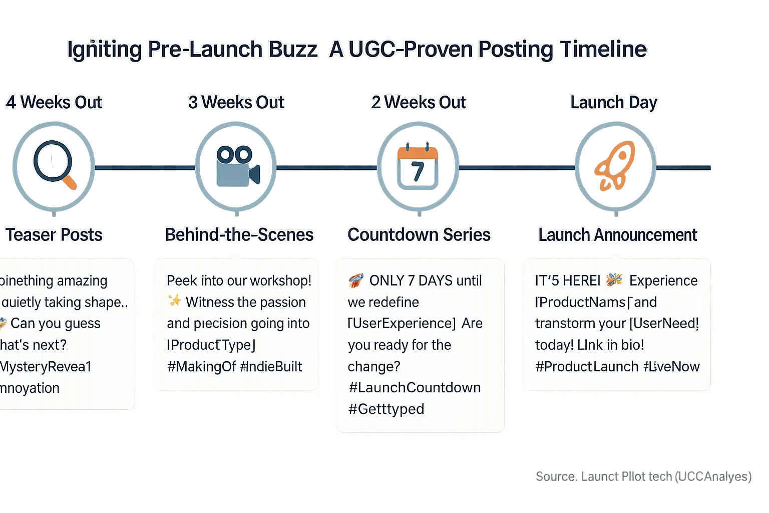 Strategic timeline: UGC-proven pre-launch posts (teasers, BTS, Q&amp;As, copy) show how to build social media buzz.