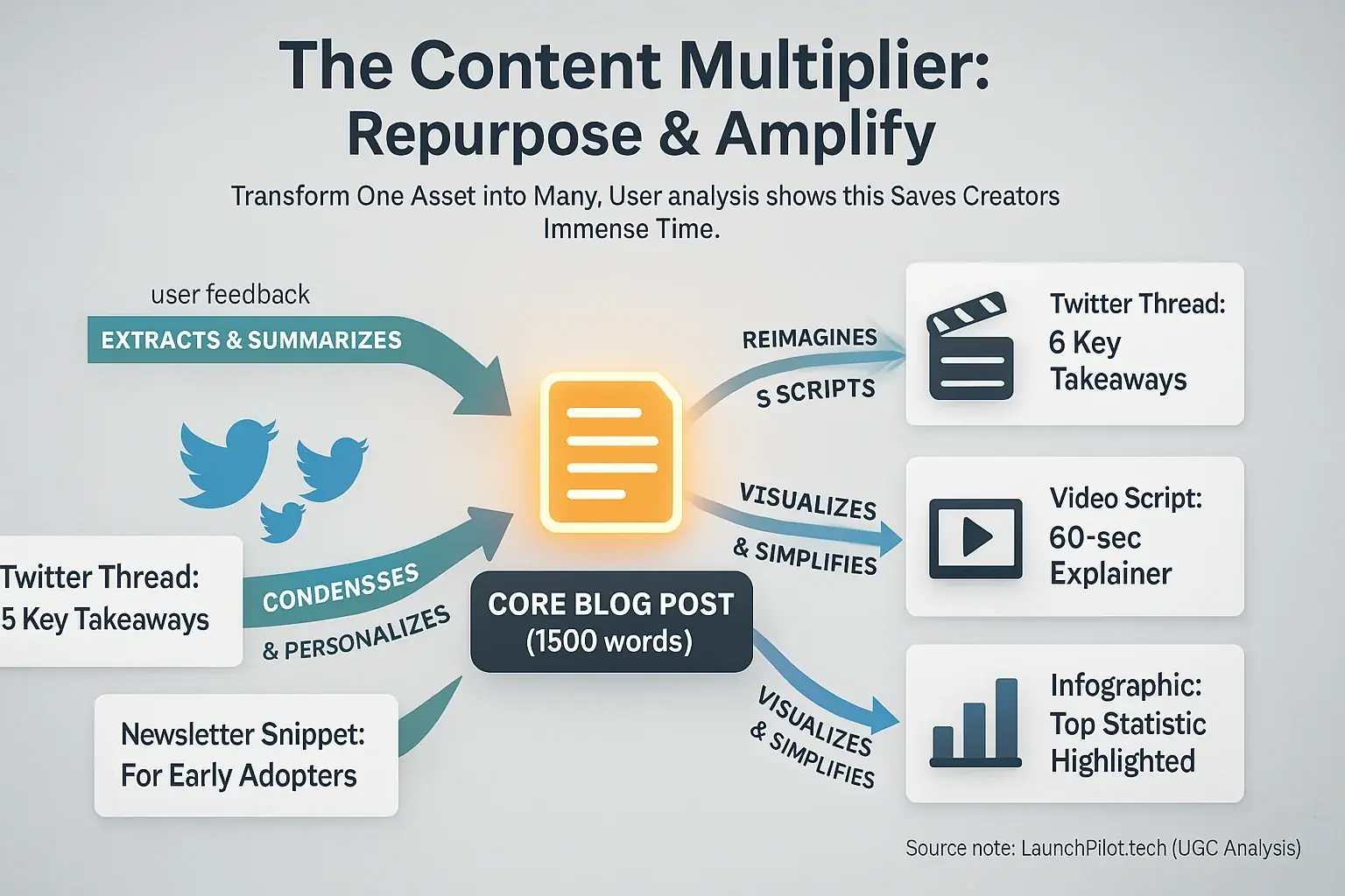 Flowchart: Core blog post branches to tweets, short video script, email snippet, &amp; infographic summary, multiplying content.