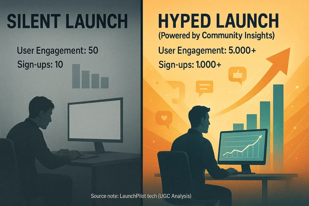 Infographic: Stark contrast—hyped launch drives far more indie engagement & sign-ups than silent.