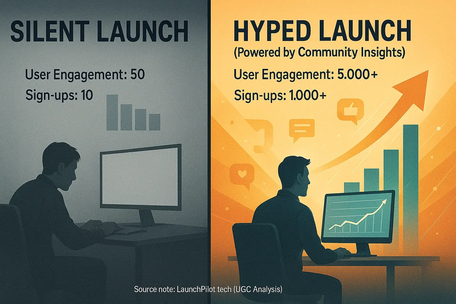 Infographic: Stark contrast—hyped launch drives far more indie engagement &amp; sign-ups than silent.