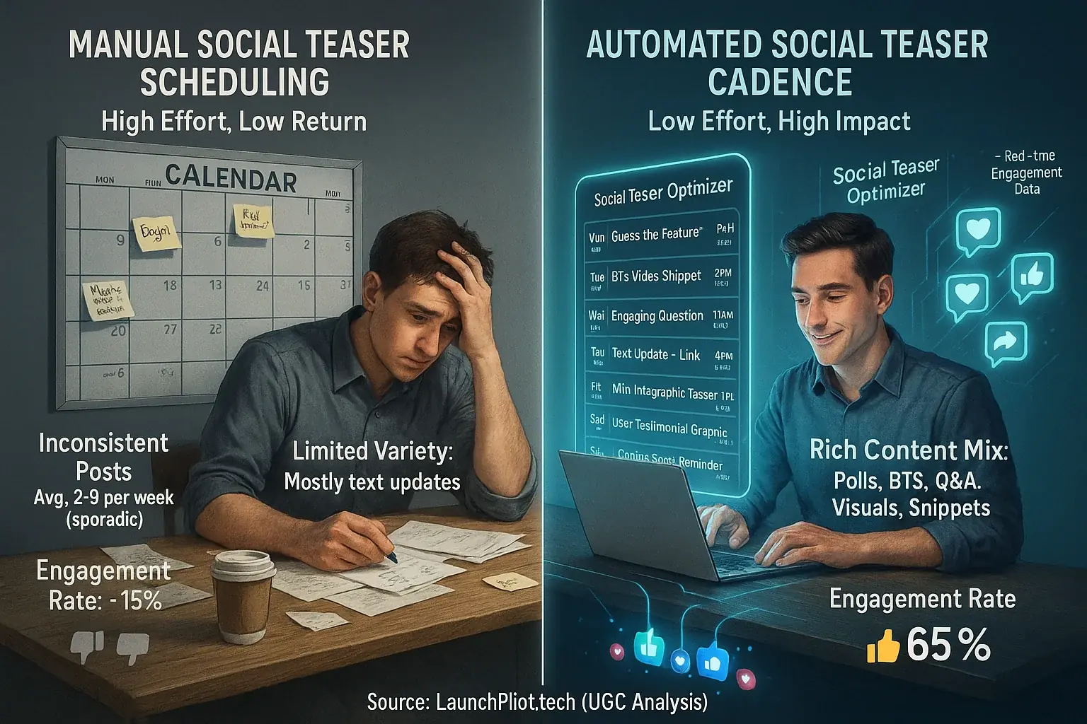 Side-by-side: Automated cadence, via community reviews, yields consistent, optimized post frequency &amp; variety vs. manual.