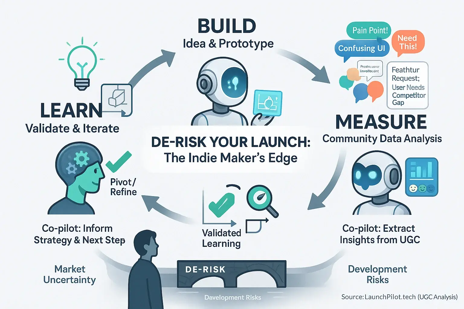 Lean Startup's Build-Measure-Learn cycle with integrated Co-pilot icons, de-risking indie ideas before coding.