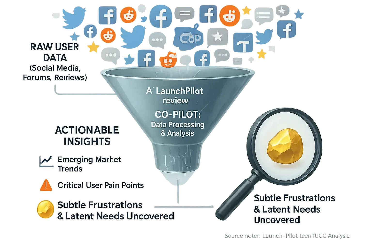 Infographic: Co-pilot funnel turns user-generated content into market insights & trends, with magnifying glass for analysis.