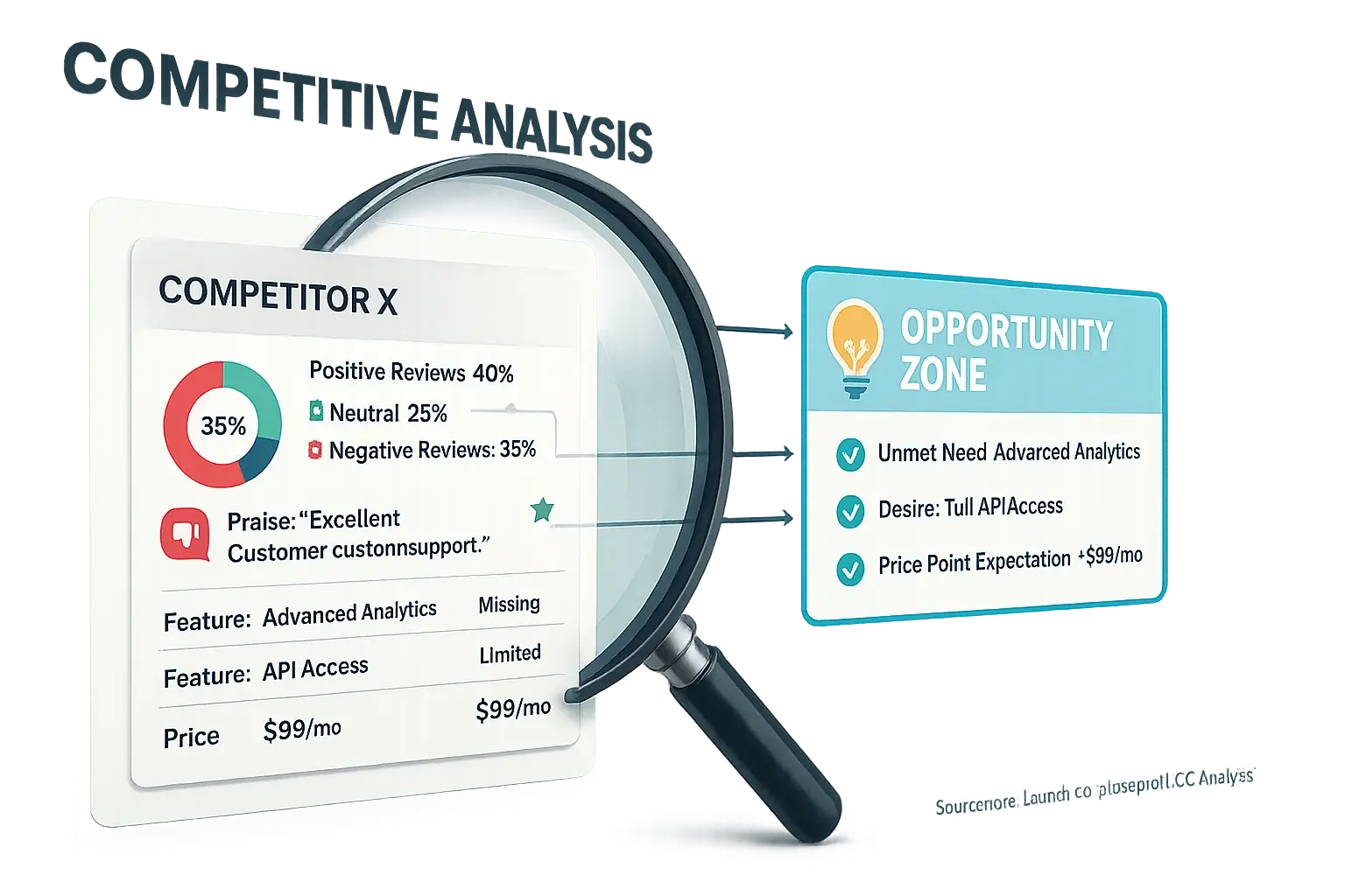 Magnifying glass over competitive landscape; icons show feature, price, review gaps & USPs for indie edge.