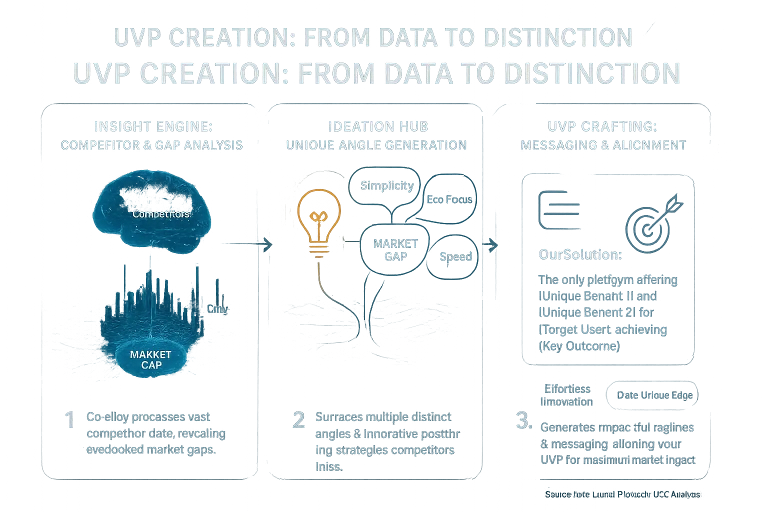 Infographic: Steps using consensus analysis of user reviews to find market gaps & unique angles for UVP creation.