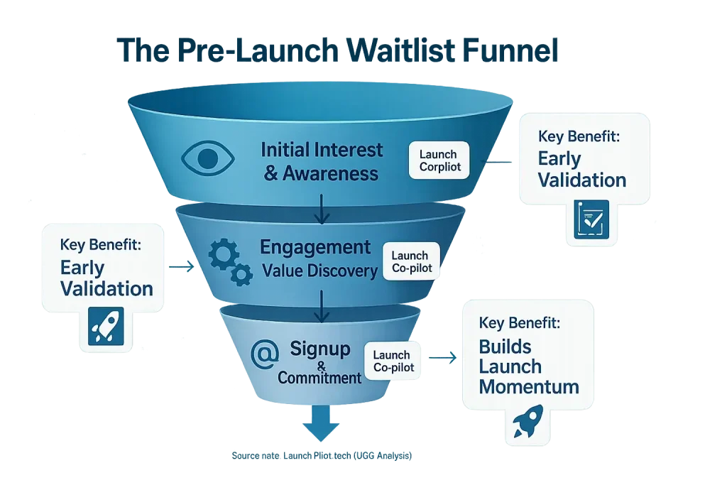 Pre-launch waitlist funnel: consensus tools at each stage convert interest to signups, fueling early validation & launch
