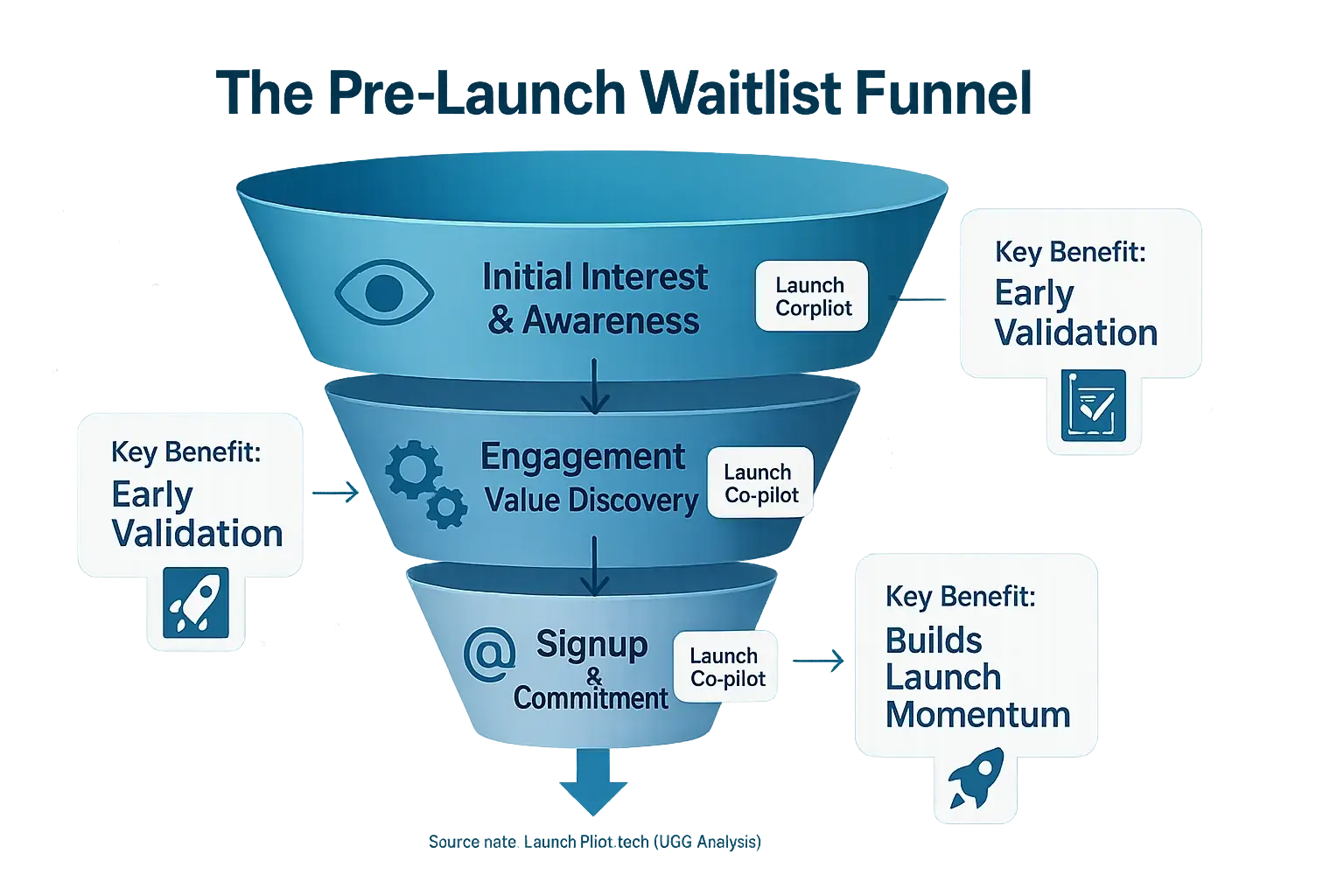 Pre-launch waitlist funnel: consensus tools at each stage convert interest to signups, fueling early validation & launch