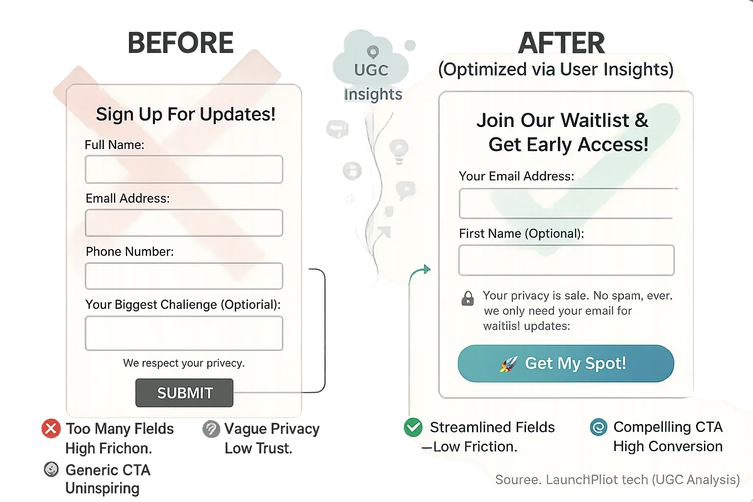 Before/after waitlist forms: Infographic shows user feedback analysis fixing pitfalls (e.g. too many fields) for
