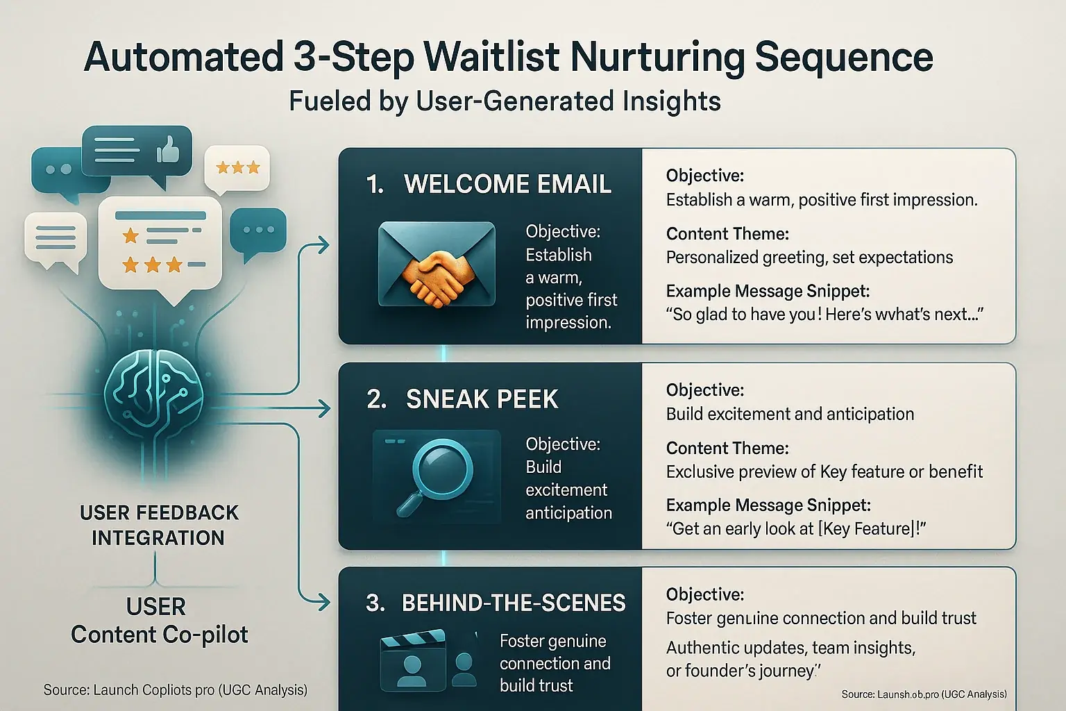 Infographic: 3-step automated waitlist nurture (Welcome, Sneak Peek, Behind-the-Scenes) with review-driven content per step