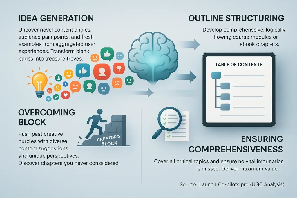 Infographic: Consensus analysis aids course/ebooks. Benefits: idea generation, structuring, overcoming block,