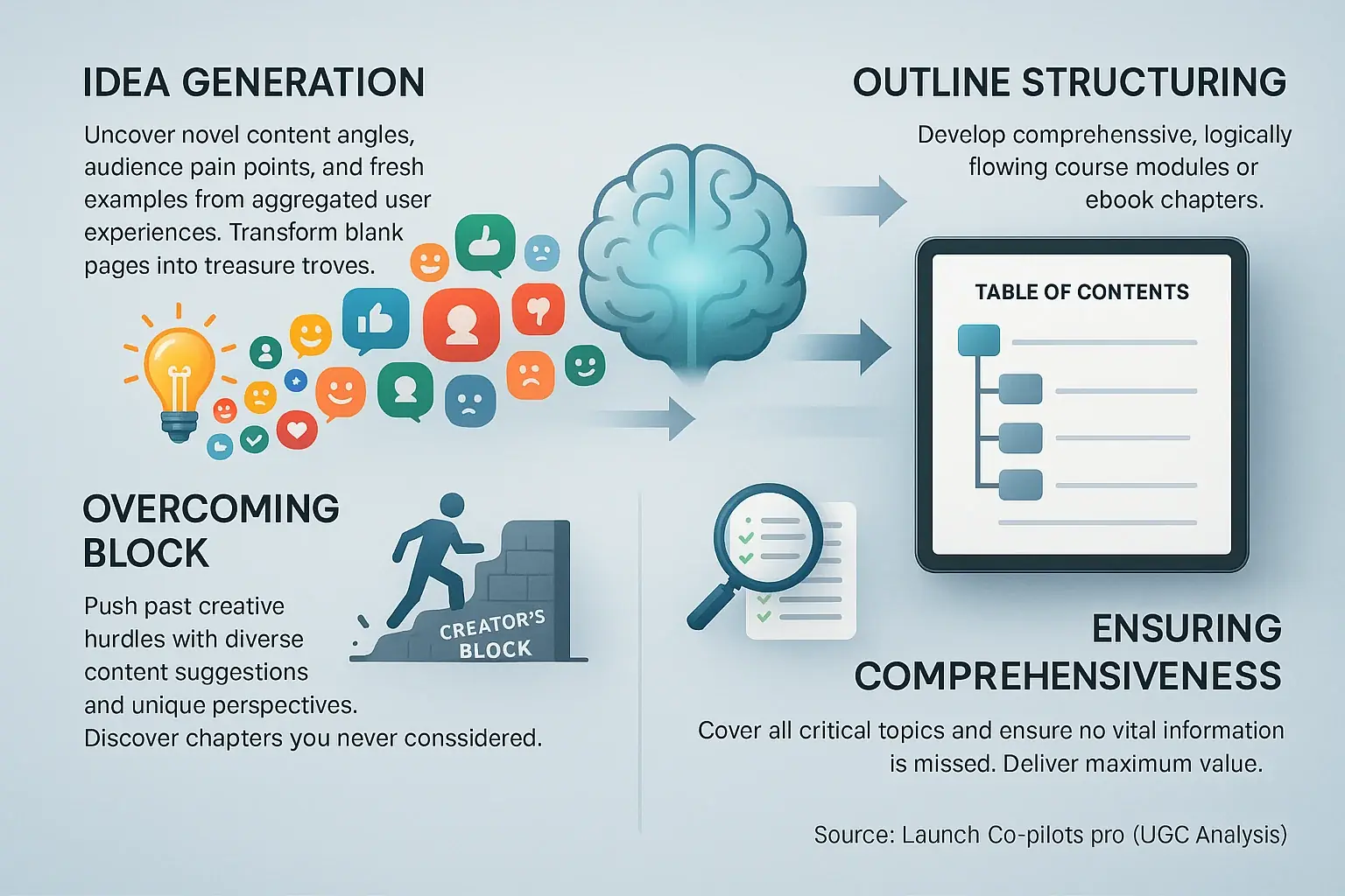 Infographic: Consensus analysis aids course/ebooks. Benefits: idea generation, structuring, overcoming block,