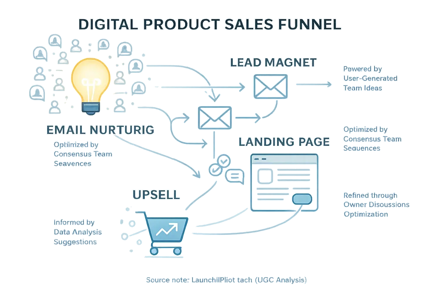 Simplified sales funnel: Lead Magnet to Upsell, with user analysis (ideas, reviews, optimization, insights) for automation.