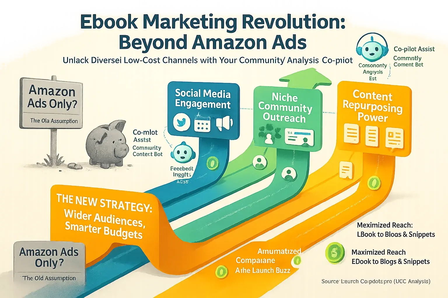 Infographic: Low-cost ebook marketing (social, communities, repurposing) with analytics, debunking Amazon-only ads myth.