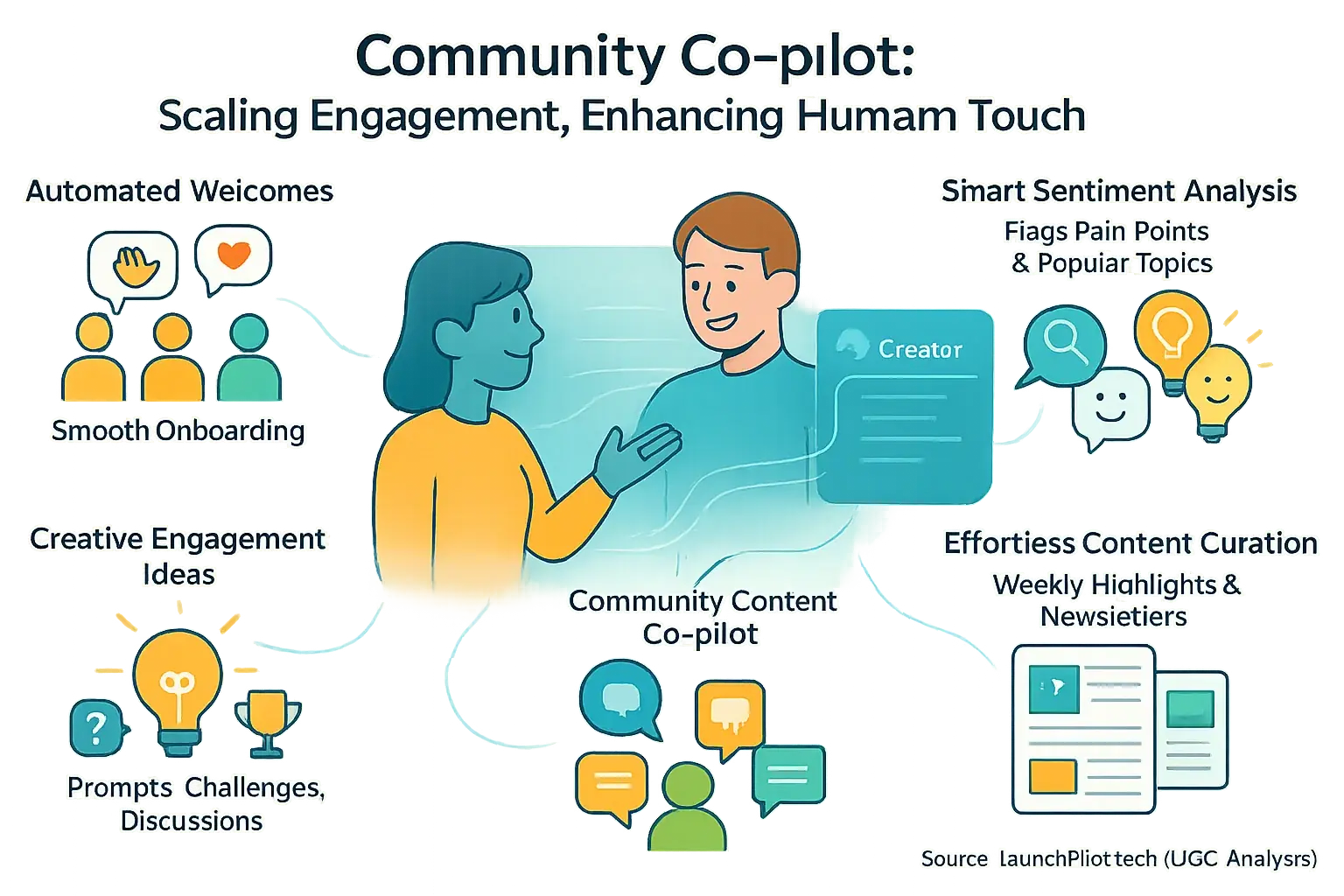 How data reviews user analysis (welcomes, sentiment, engagement, content) builds community, preserving human touch.