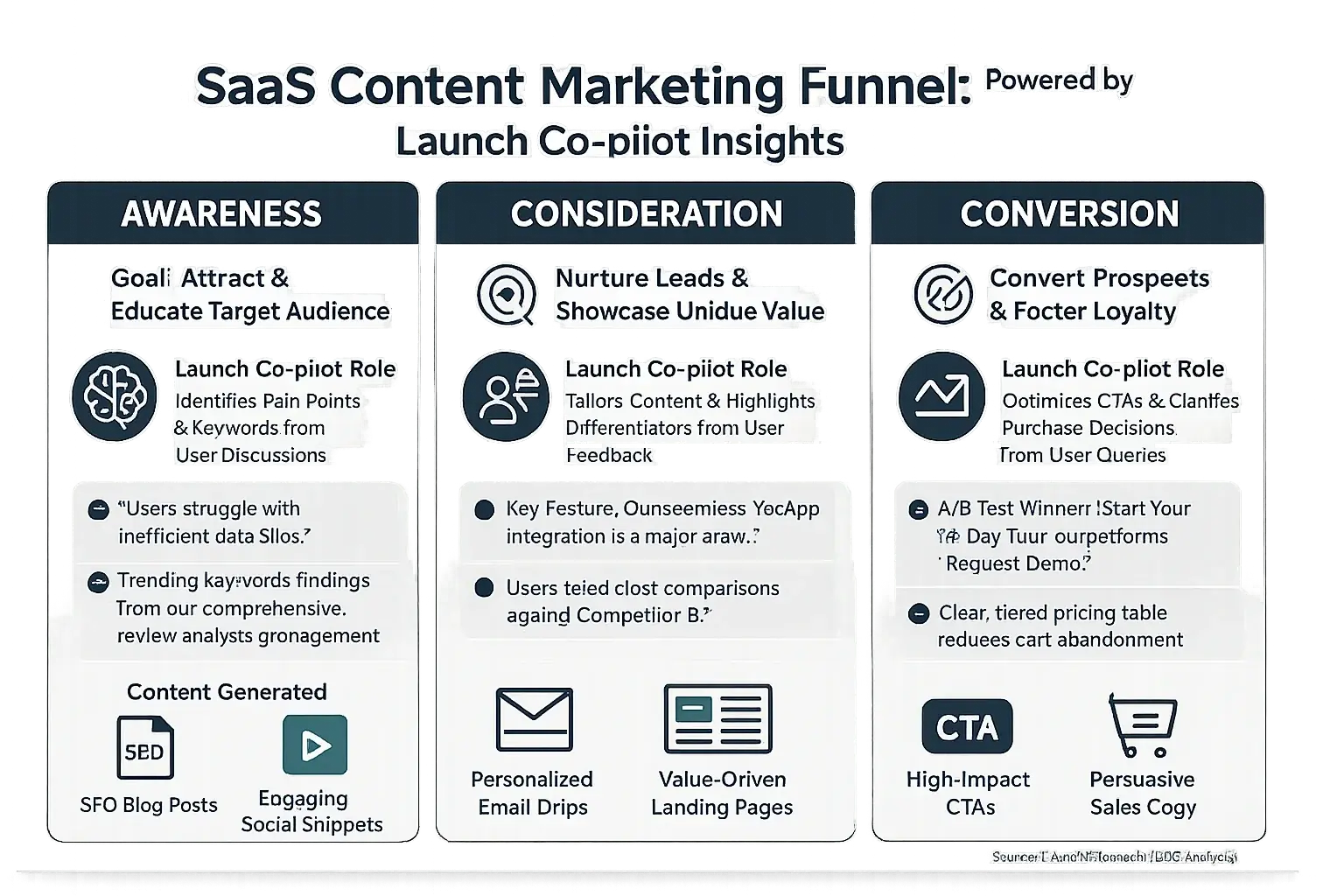 SaaS content funnel infographic: Owner experiences' role in shaping content (blogs, social, email) to drive SaaS conversions.