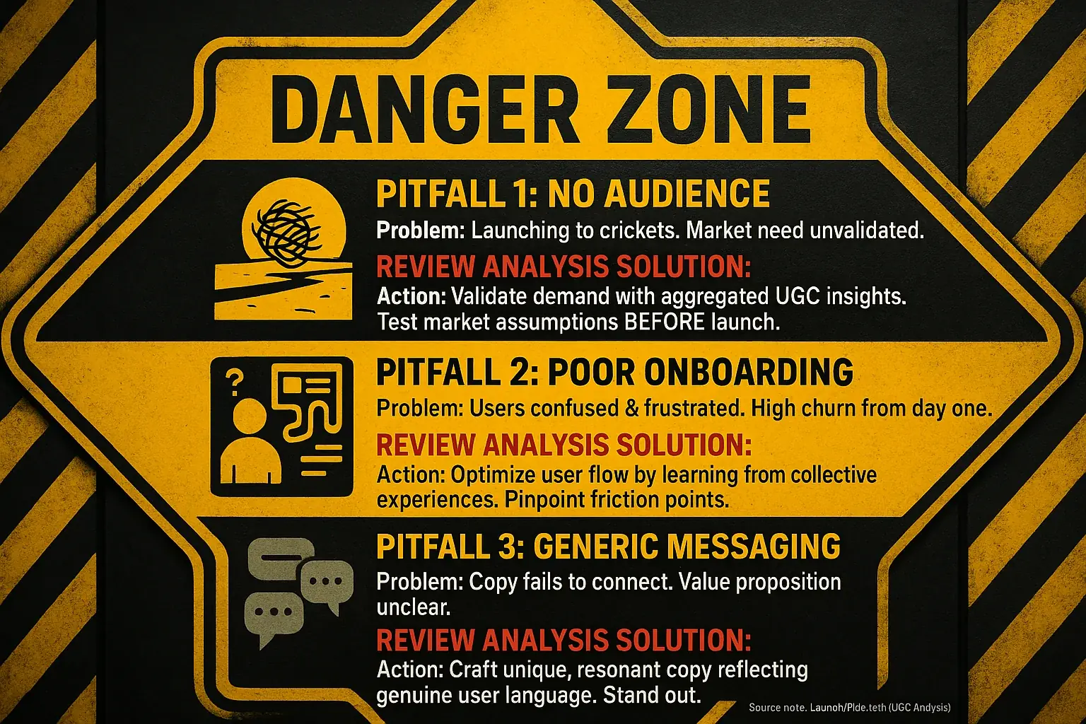 Warning-themed danger sign lists SaaS pitfalls like 'No Audience' & how user reviews help avoid them.