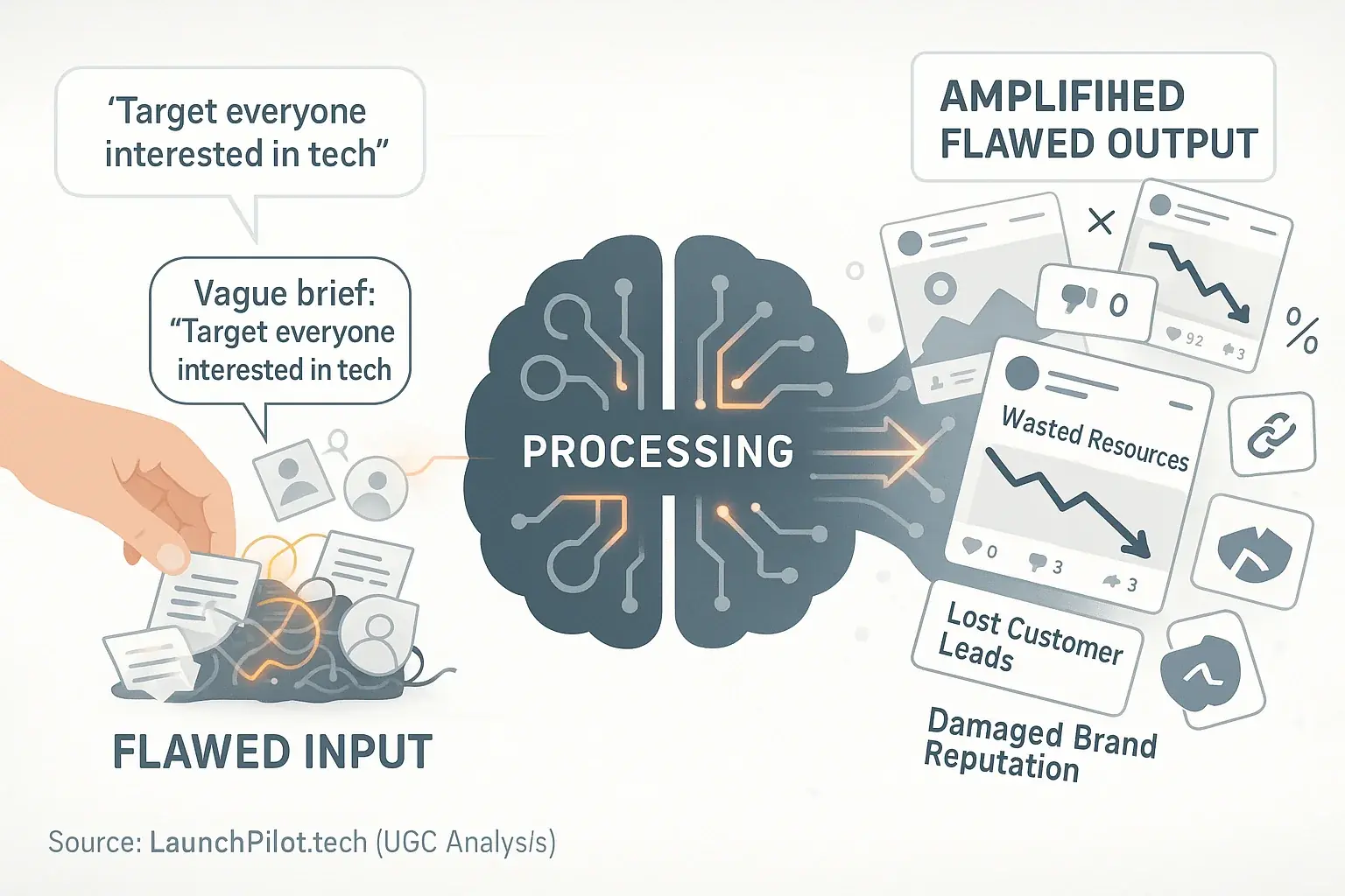 Hand feeds flawed input to a brain, producing amplified flawed output, illustrating Garbage In, Garbage Out.